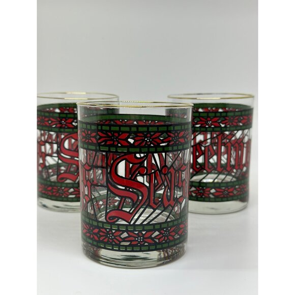 VTG 1970's Houze "Seasons Greetings" Lowball Rock Old Fashioned Glasses Set of 3 - Picture 2 of 8